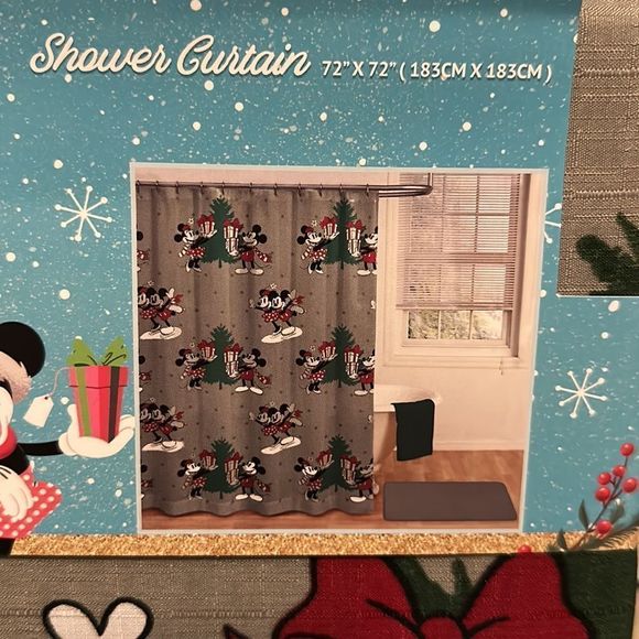 Disney Mickey and Minnie Gray Christmas Ice Skating Shower Curtain - Picture 4 of 6